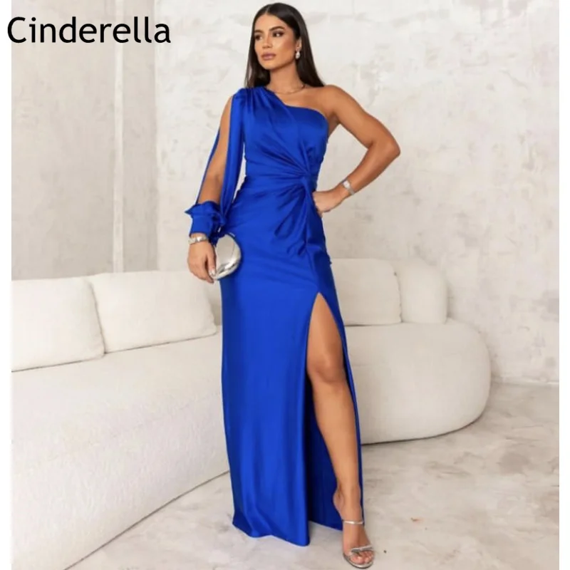 

Royal Blue Prom Dresses One Shoulder Mermaid Floor Length Side Slit Satin Prom Dresses Lace Up Back vestidos de fiesta de noche