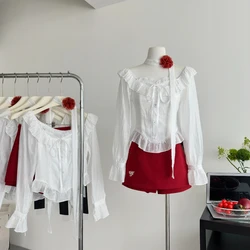 2025 Spring French Vintage elegant 2 Piece Sets Women Japanese Y2k Lace Retro Tops + Red Chic Skirt Female Rose Casual Outfits