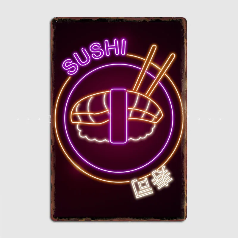 Kawaii Sushi Japanese Food Neon Sign Vintage Poster Metal Sign Cinema Kitchen Printing Room Wall Decor Tin Home Decoration