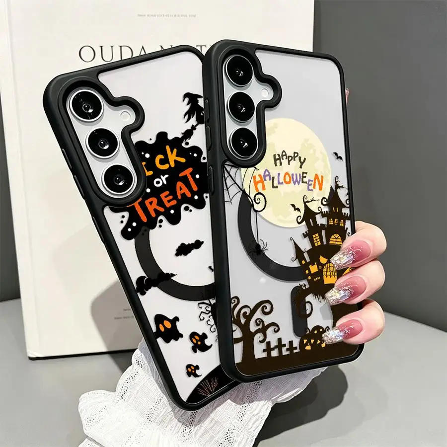 Happy Castle Bat Witch Magnetic Cover Phone Case for Samsung Galaxy A57 A54 A36 A55 A37 A56 A35 A25 F17 A27 M17 A16 A15 A26 A17
