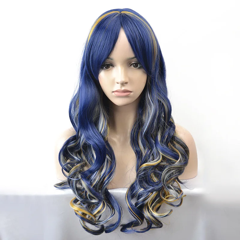 Perruque blonde bleue mixte avec THES pour femme, perruques de cheveux bouclés, costume de cosplay, fête de Noël et d'Halloween, 70cm de long