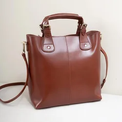 Zency 100% Genuine Leather Handbag Retro Coffee Women Casual Tote Bucket Bag Classic Black Lady Crossbody Messenger Purse Brown