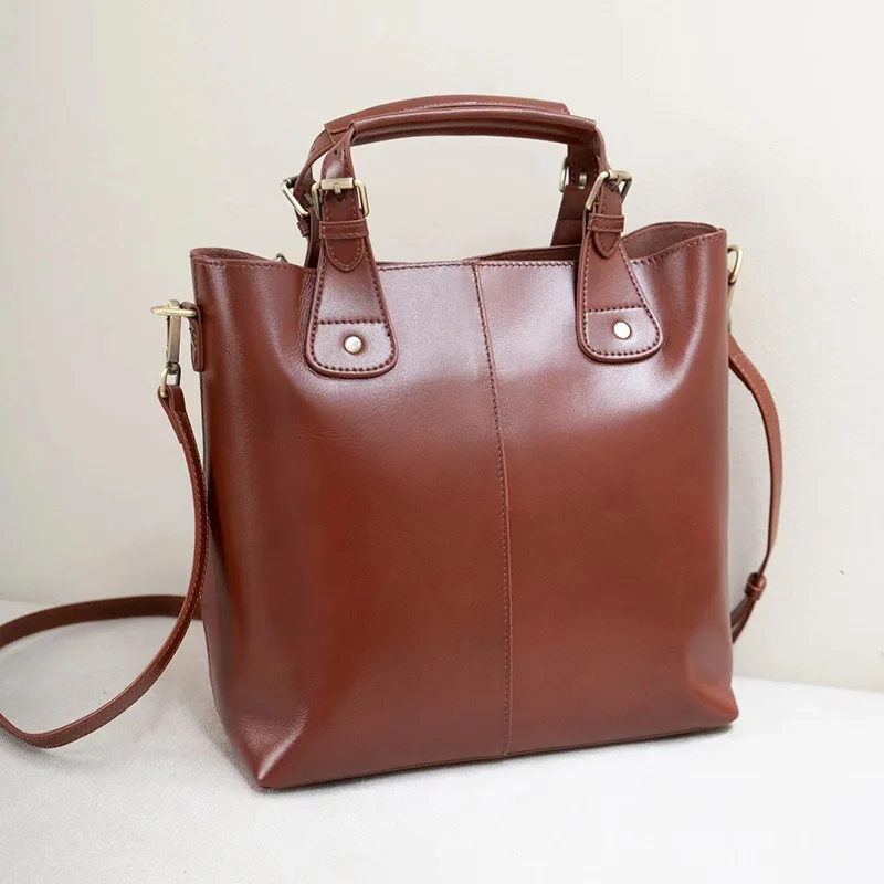 Zency 100% Genuine Leather Handbag Retro Coffee Women Casual Tote Bucket Bag Classic Black Lady Crossbody Messenger Purse Brown