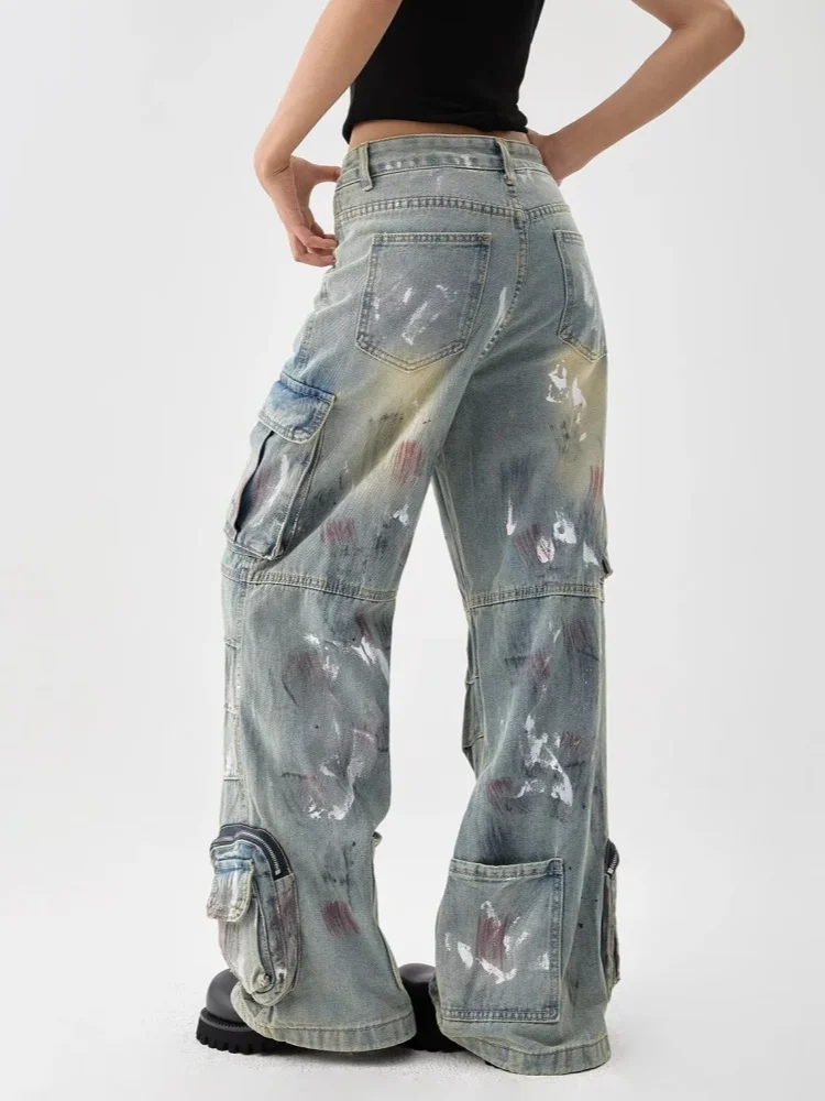 Trashy Y2K 2000S Distressed Blue Paint Splash Baggy Cargo Jeans Pants For Women 90S Vintage Clothes Zipper Lady Denim Trousers