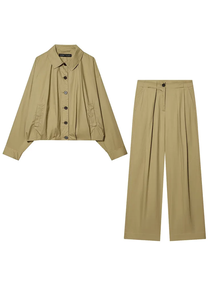 

HH Women Fashion Lapel Long Sleeve Single-breasted Balloon Version Pockets Jacket+Pleated Bucket Pant Solid Spring 2-Piece Set