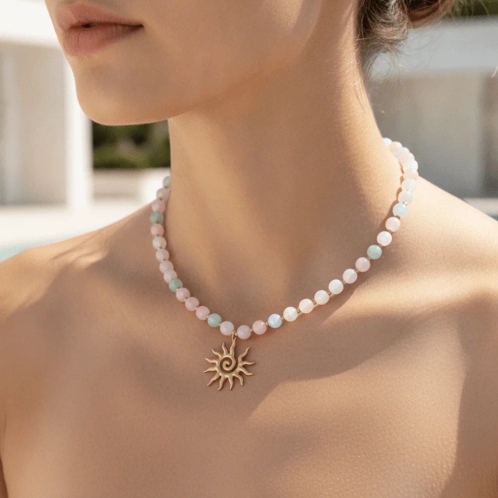 Color Changing Sun Pendant Necklace UV Reactive Gold Plated Beaded Bracelet Set Pastel Colors Lightweight Cat Eye Choker
