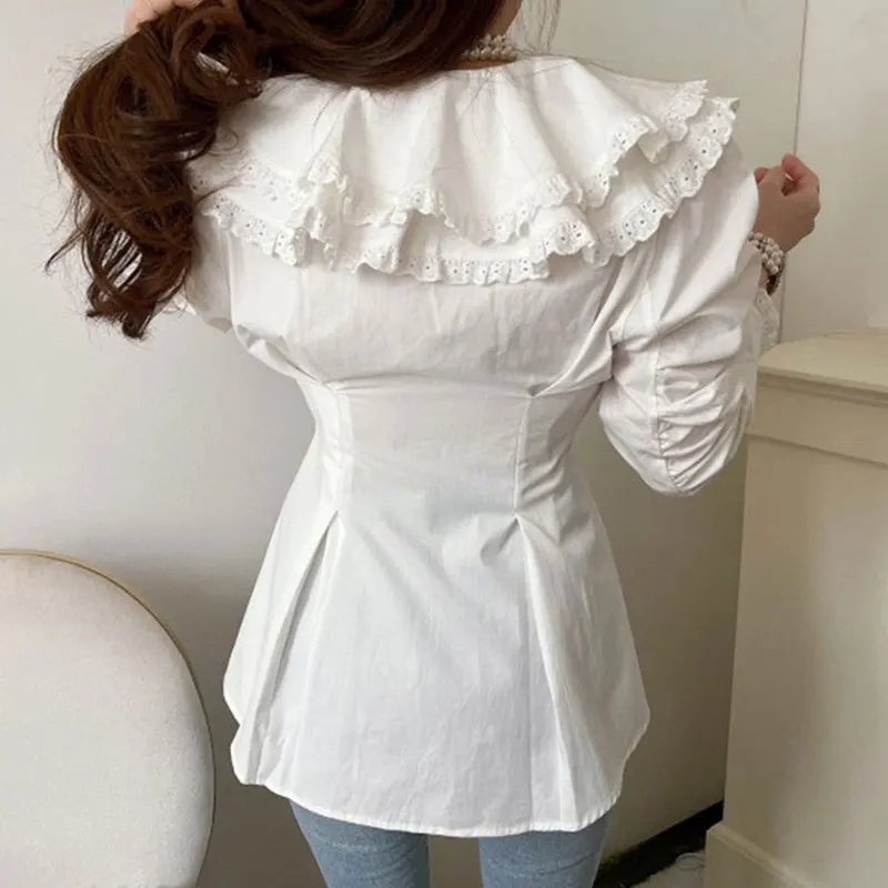 

Ele Double Layer Ruffle Collar Design irt Top Waist Cinched Wooden Ear Trim Spring Faion Ladies' irt Casual Wear