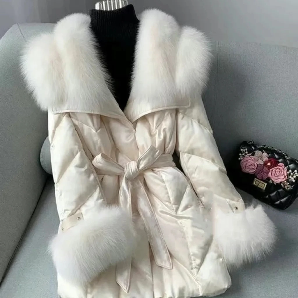 Womens White Duck Down Coat Imitate Fox Fur Collar Female Long Outwear Thick Warm Parkas Fashion New Winter Jacket