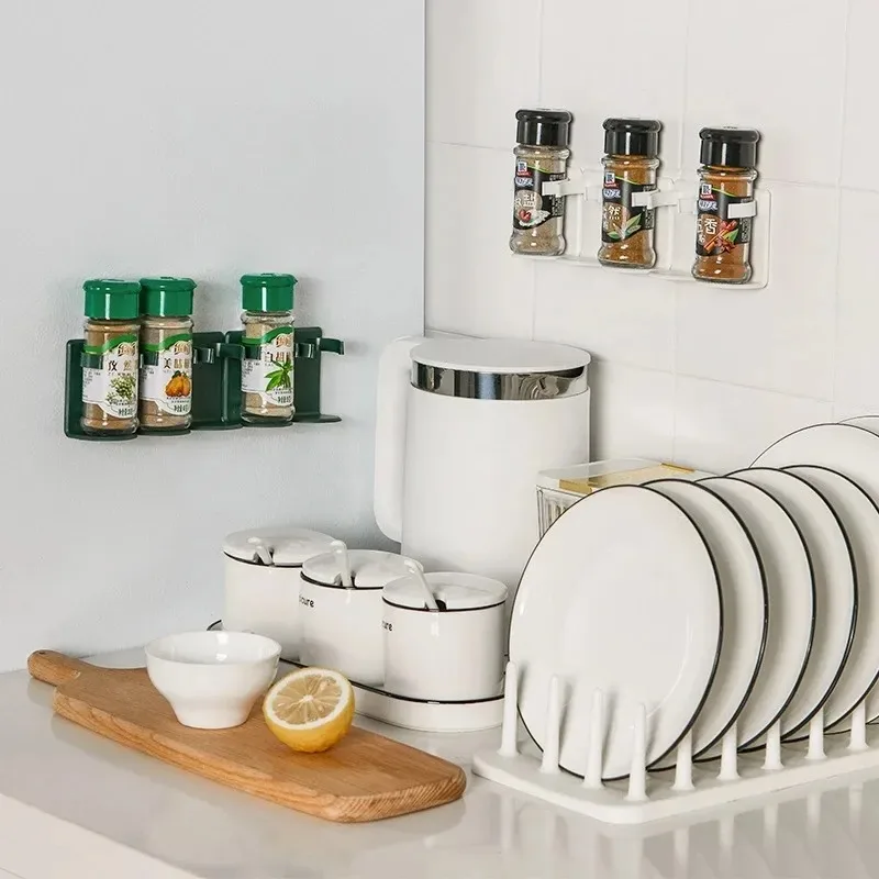 2PCS Kitchen Storage Rack Spice Bottle Rack Non-porous Installation Wall Support Tools Plastic Pot rack Cabinet Door Hooks