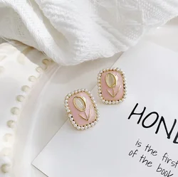 Opal Tulip Flower Pink Color Square Imitation Pearl Stud Earring for Women Korean Sweet Geometric Jewelry Christmas Girl Gift