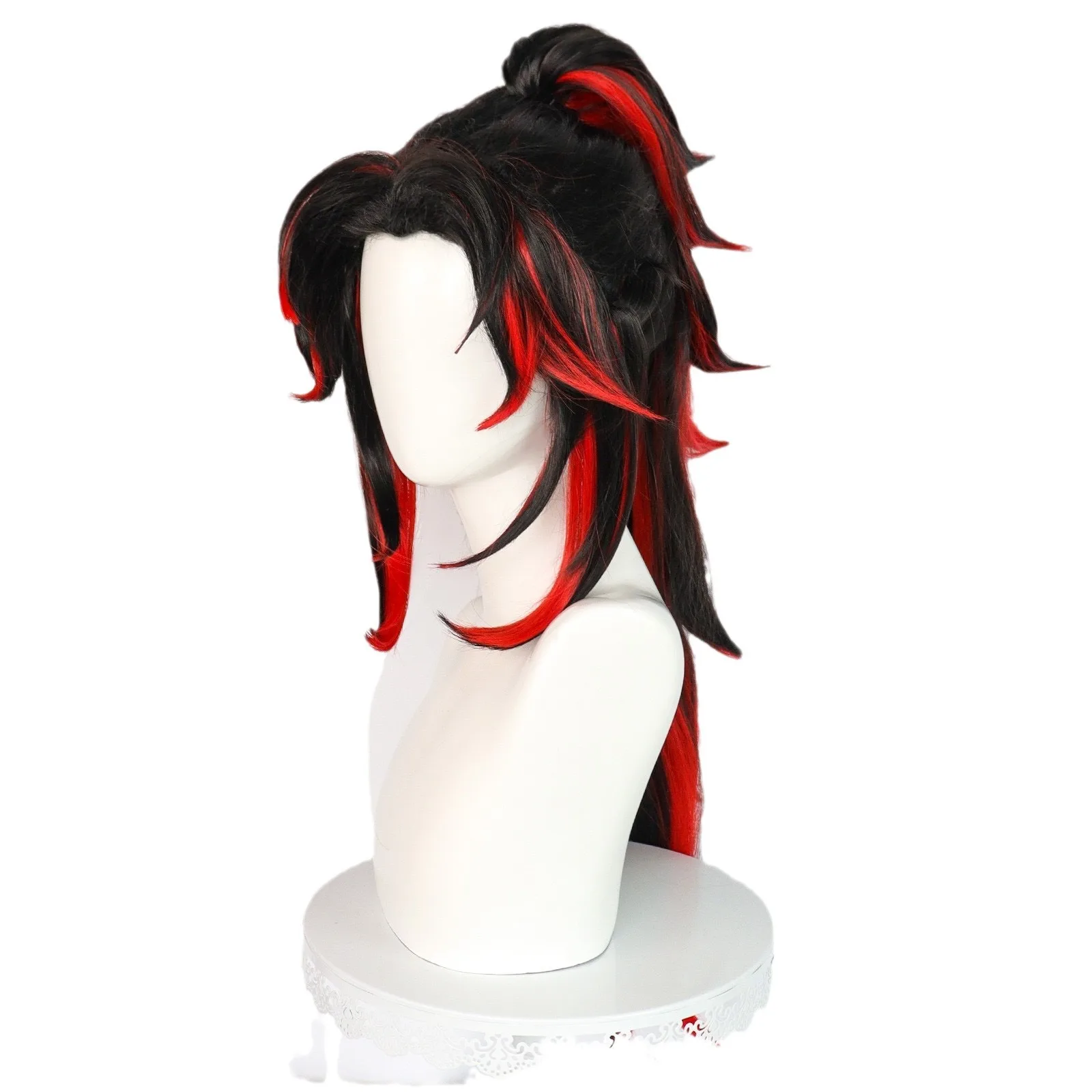 Peluca de cosplay Black Antennae Kiyomitsu estilo cola de caballo alta de red rosa degradado negro y rojo