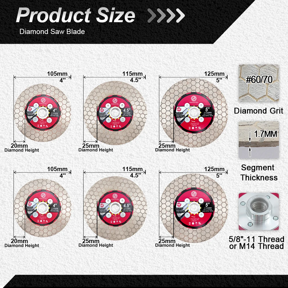 FOCSTOL Diamond Cutting Disc M14 Thread Tile Cutting Grinding for Porcelain Ceramic Tiles Marble Granite Artificial Stone Quartz