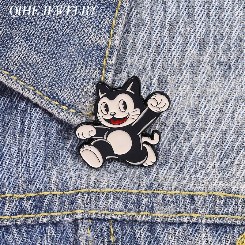 American Animated Role Black Cat Enamel Pins Brooch Cartoon Happy Running Cat Brooches Clothes Lapel Badge Jewelry Friends Gifts
