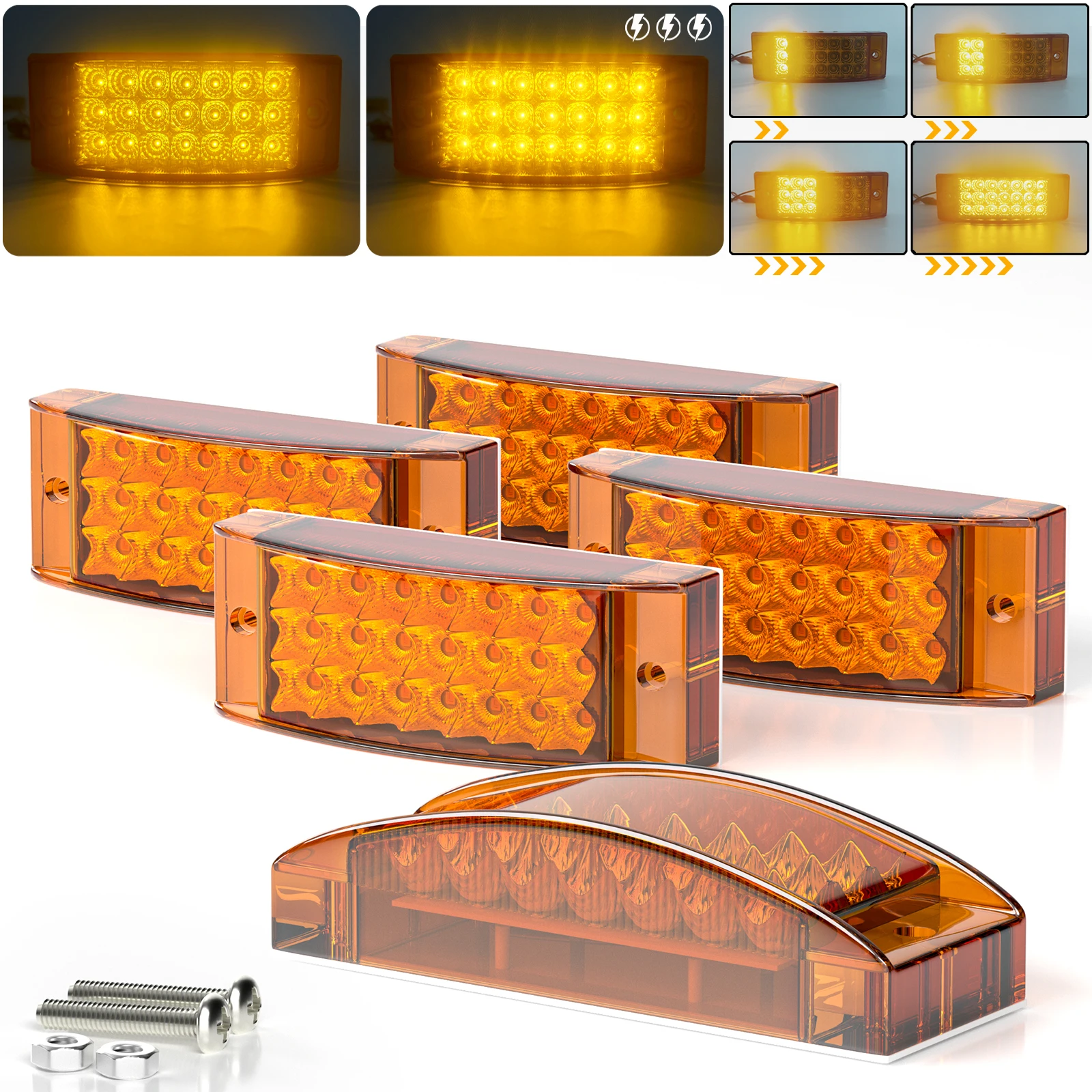 5Pcs Multifunction Amber LED Side Marker Lights 12-24V Flow/Strobe Indicator Clearence Light for Truck Bus Trailer Van Caravan