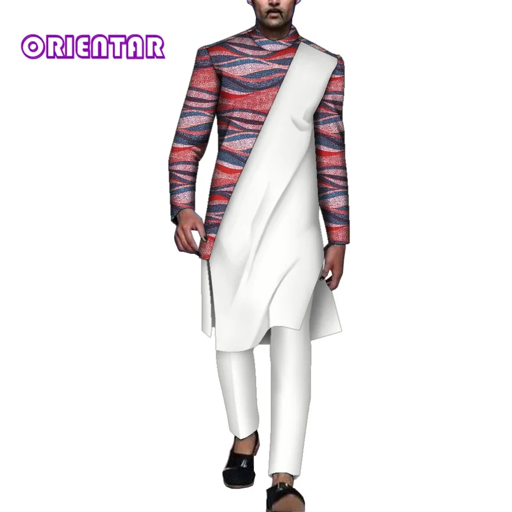 2 Pieces Set African Men Outfits Set African Print Patchwork Long Sleeve T Shirt and Pants Traditional Men Trousers Set WYN1663