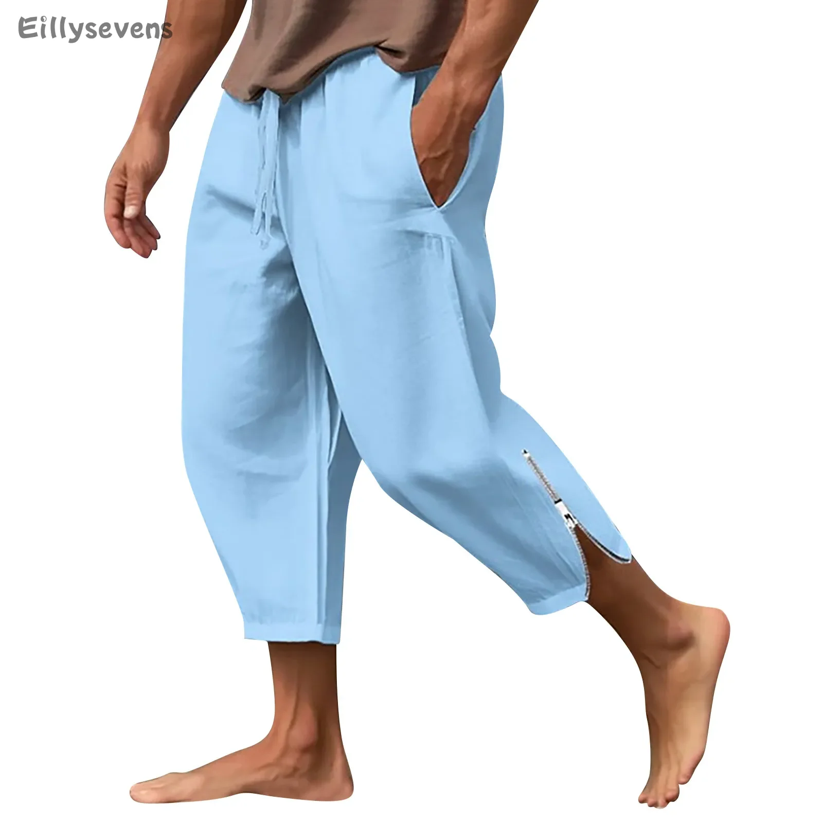 Beach Pants With Slit Cuffs For men Comfortable And Breathable Casual Pants Solid color Drawstring trousers pantalones hombre