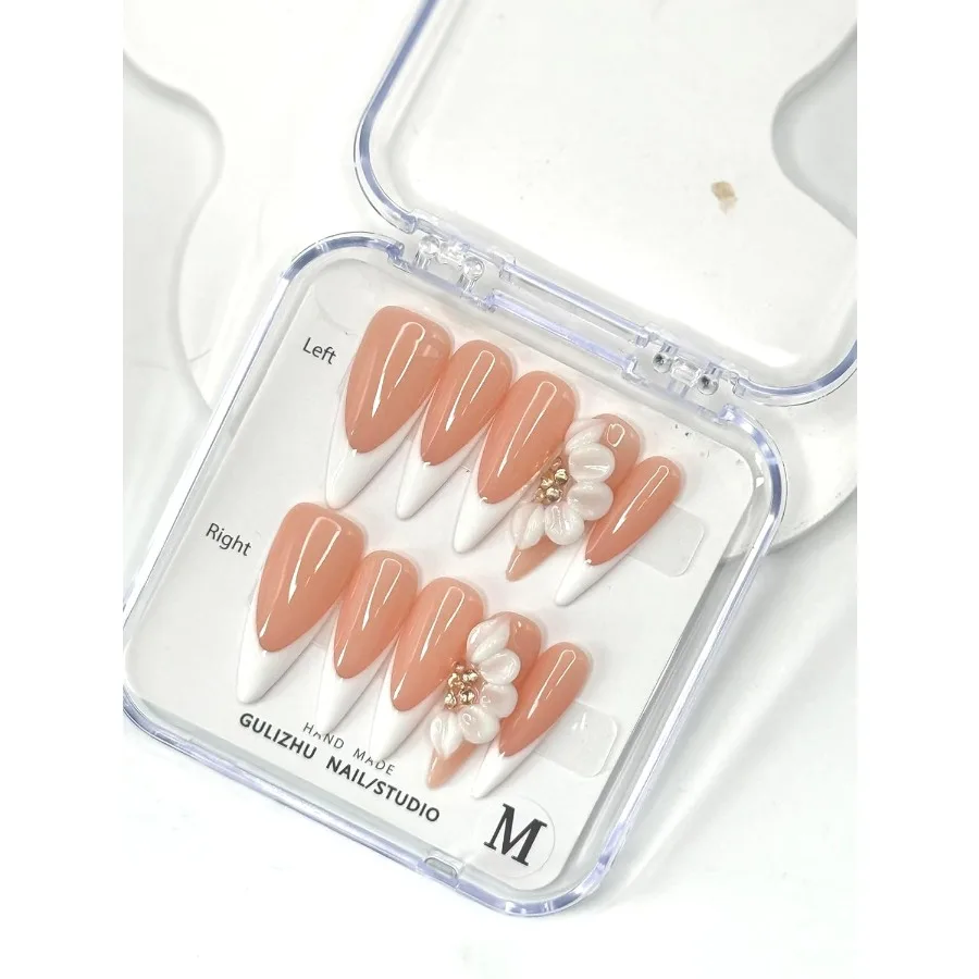 Elegant White French Press on Nails with 3D Flower Designs for Women Long Stiletto Shape Fake Nails Handmade MultiLayer Gel Acr