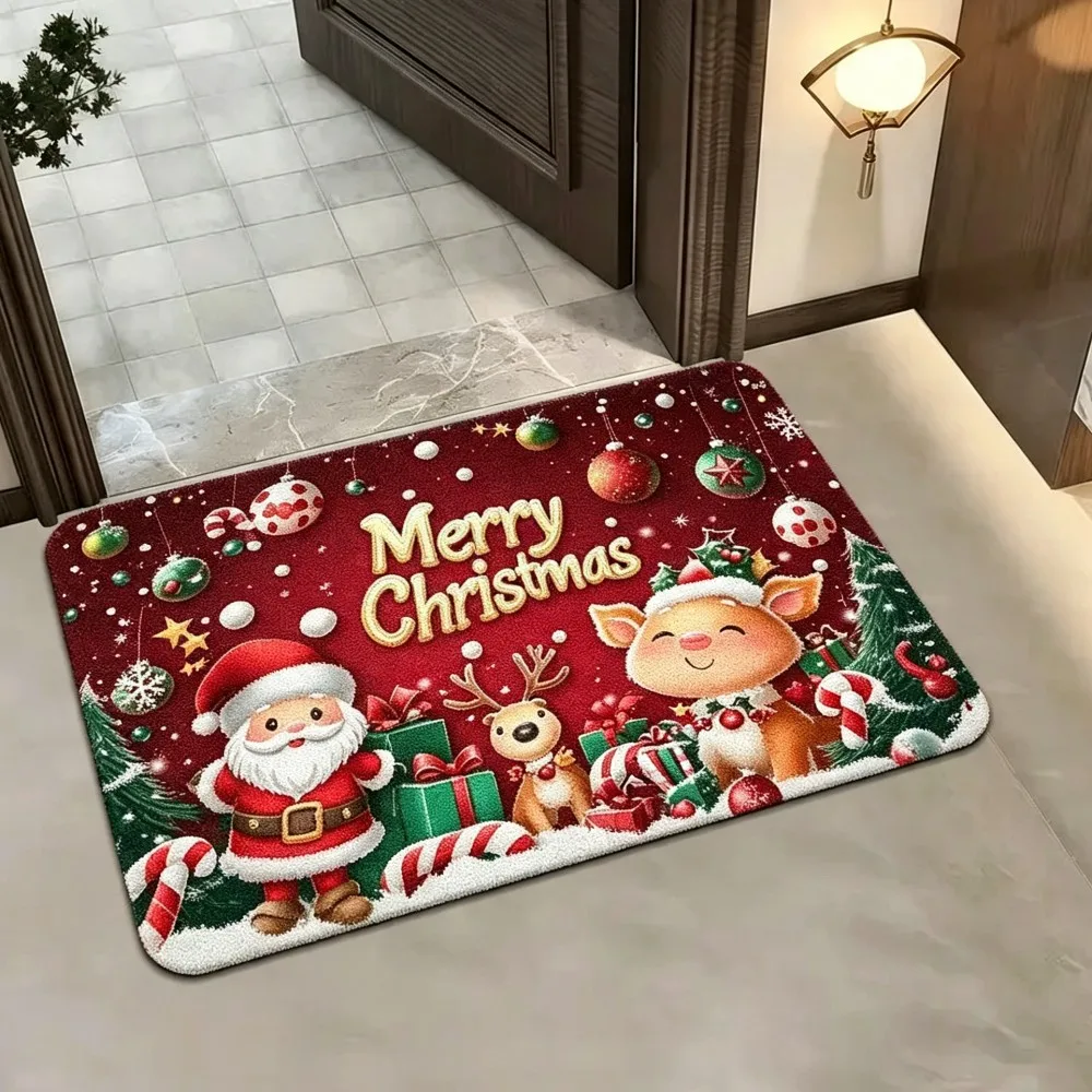 Festive Holiday Welcome Mat Santa Claus Reindeer Gift Box Print Non Slip Indoor Entrance Rug For Christmas Home Decor