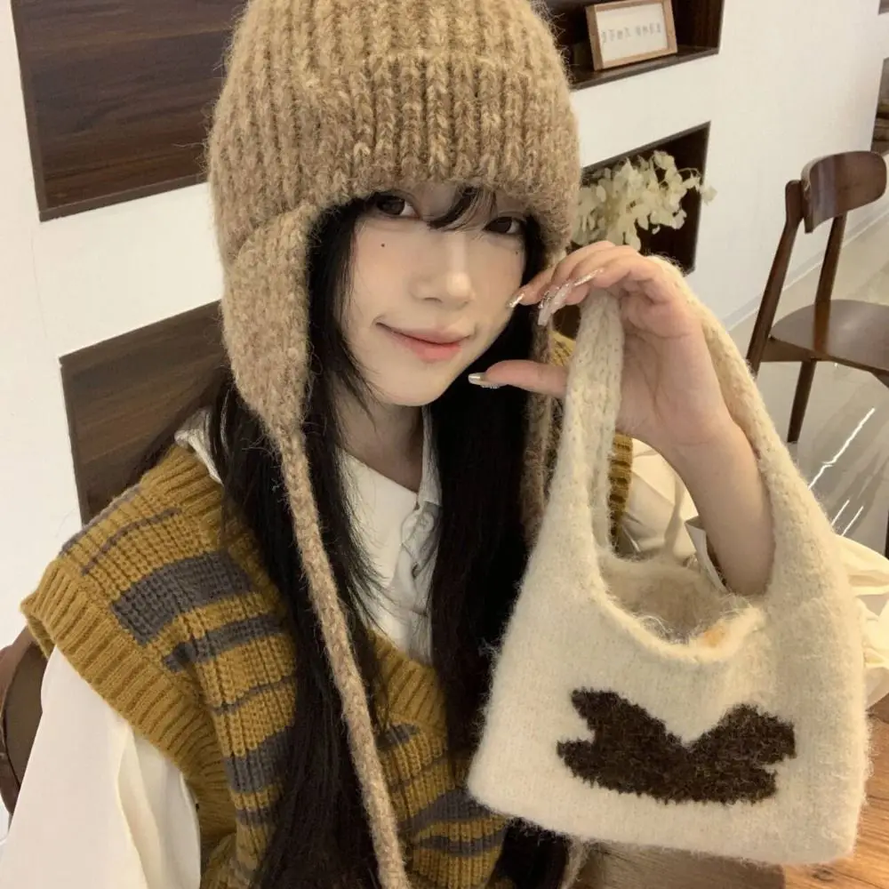 

Fashion Multicolor Handbag Large Capacity Knitting Wool Weaving Bag Hairy Soft Handle Phone Bag Winter Autumn