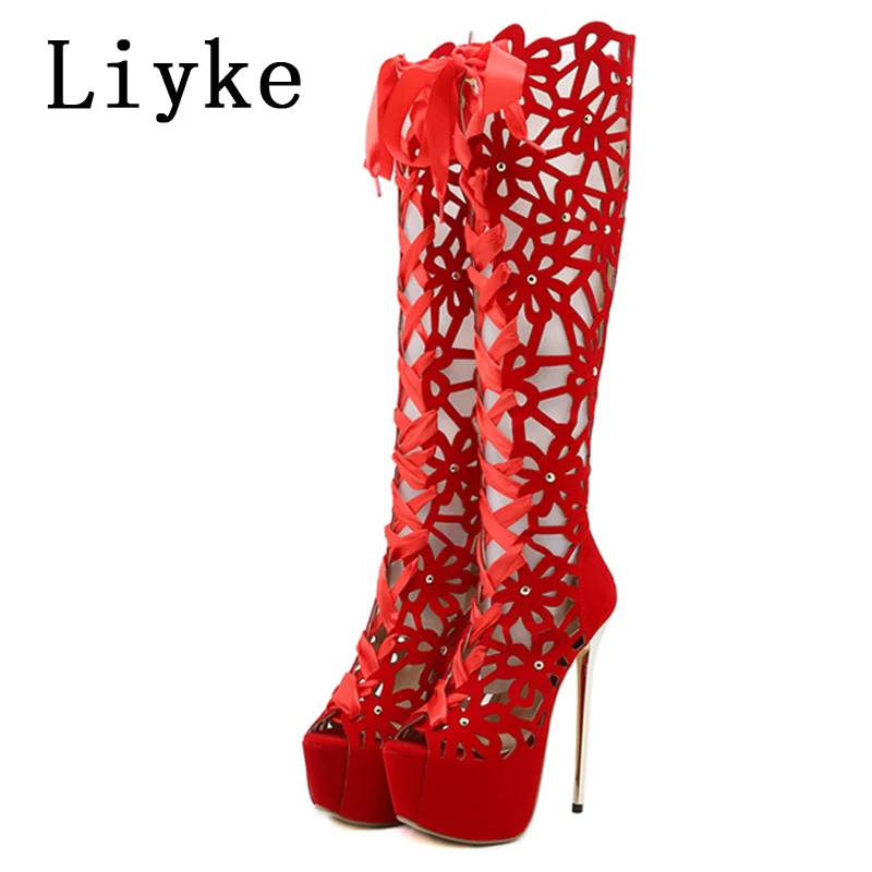 Liyke 16CM Ultra Thin High Heels Sexy Nightclub Hollow Out Over The Knee Boots Women Peep Toe Lace-Up Zip Platform Shoes Sandals