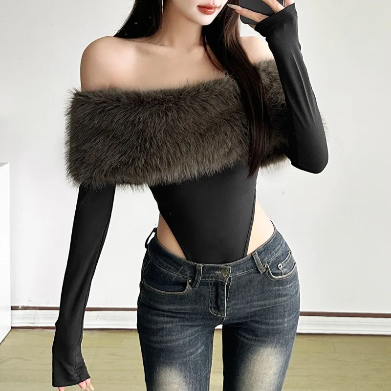 ملابس داخلية أنيقة ضيقة لخريف وشتاء 2025 بدون أكتاف من الفرو ملابس نسائية برقبة مائلة وأكمام طويلة بدون ظهر ضيقة للشارع