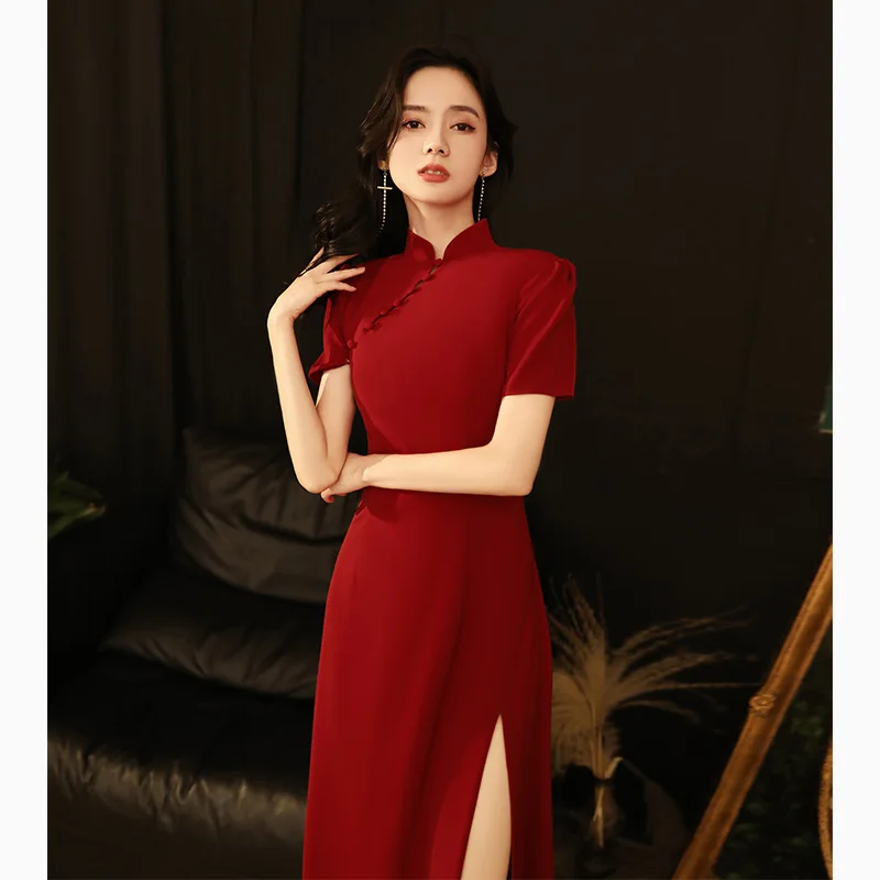 

2023 New Wine Red Bridal Wedding Dresses Vintage Traditional Dress Toast Clothes Qipao Fashion Elegant Banquet Cheongsam