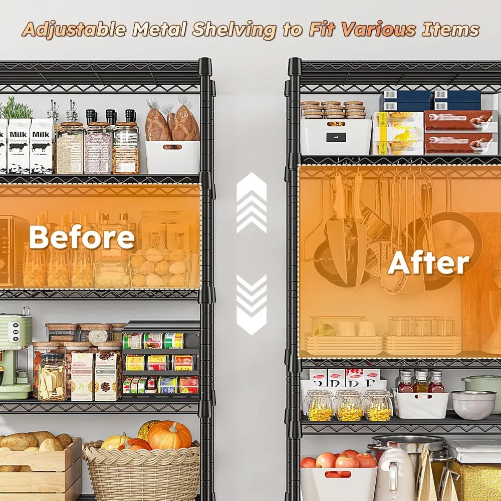 Estante de metal ajustável de 5 camadas com rodas e pés, racks de armazenamento de arame resistentes para dormitórios, comporta até 1653 LBS