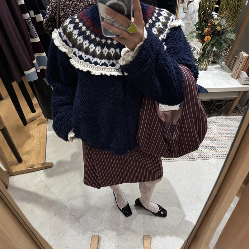 

Spring 2026 Women's Casual Sle Fce Jaet with Dstring Waist Double Zipper Splicing Early Spring Island Pattern Coat