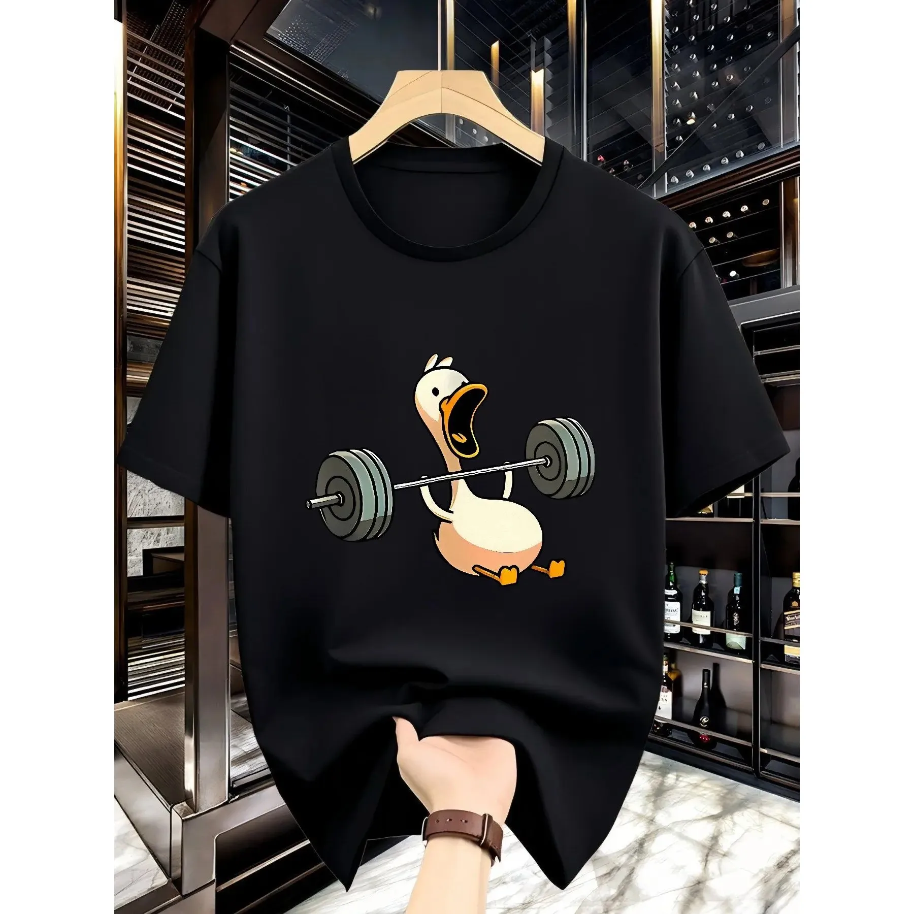 

Cartoon Duck Weightlifting Graphic T-Shirt Men Funny Cotton Crew Neck Short Sleeve Tee