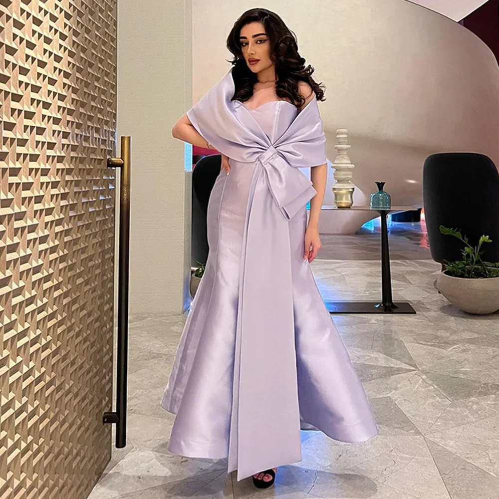 

Lavender Mermaid Evening Dresses Off Shoulder Pleats Satin Dubai Arabic Formal Prom Dress Floor Length Evening Party Gowns