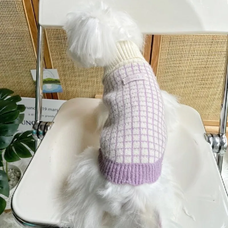 Pet Purple Plaid Lapel Sweater Pet Little Dog Cat Teddy Malzis Yorkshire Small Dog Clothing Autumn Winter New Cat Clothes