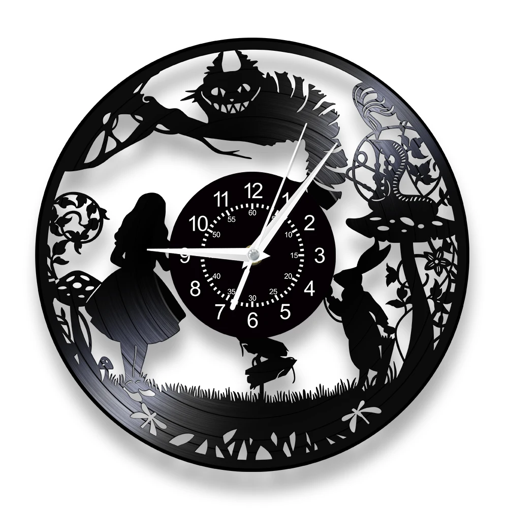 Wonderland Cat Vinyl Record Wall Clock For Kitchen Dinning Room Alice Fantasy Adventure Movie Art Silent Quartz Clock Home Decor