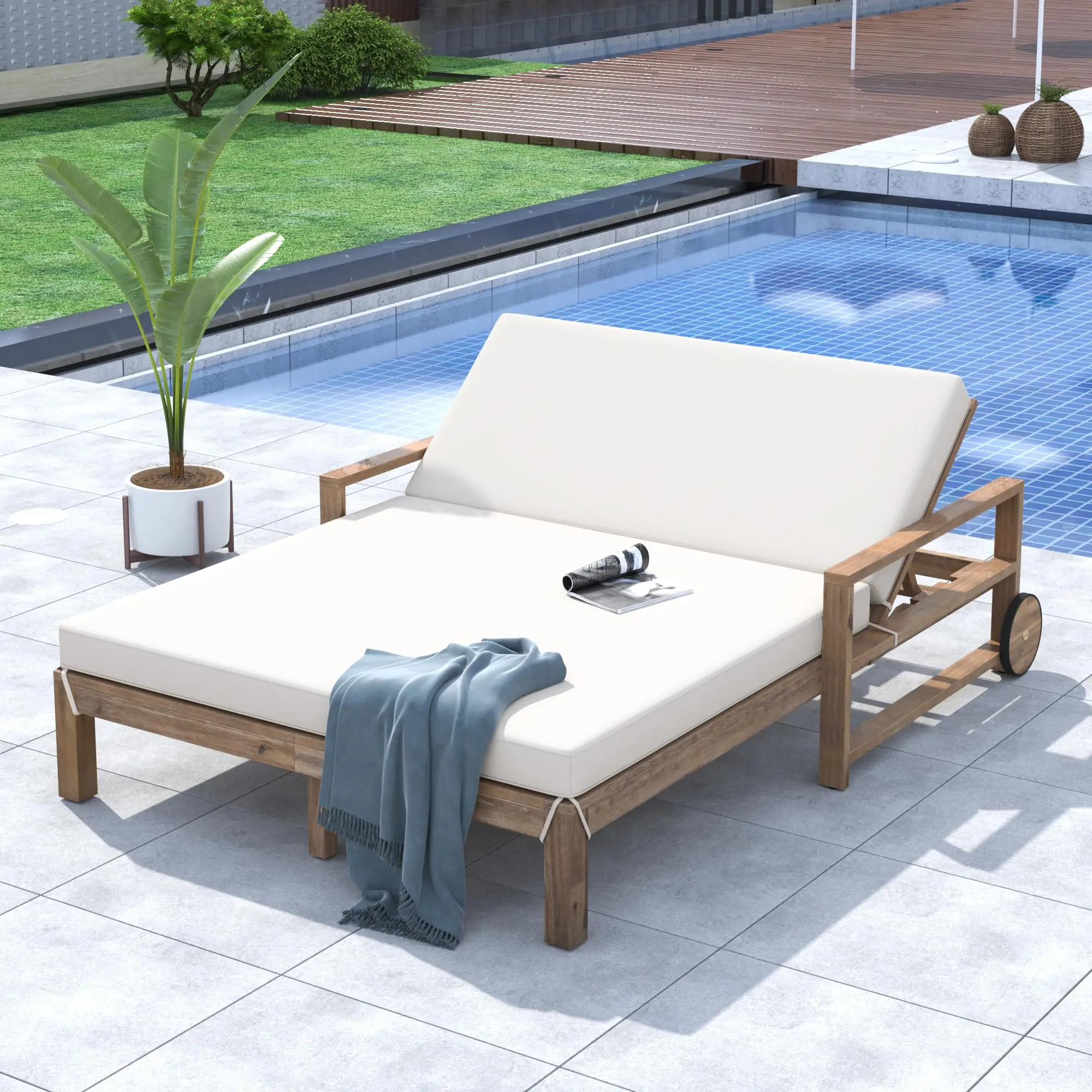 Acacia Wood Outdoor Patio Daybed Sunbed with Movable Wheels, All Weather Chaise Lounges Reclining Chairs, 2 People