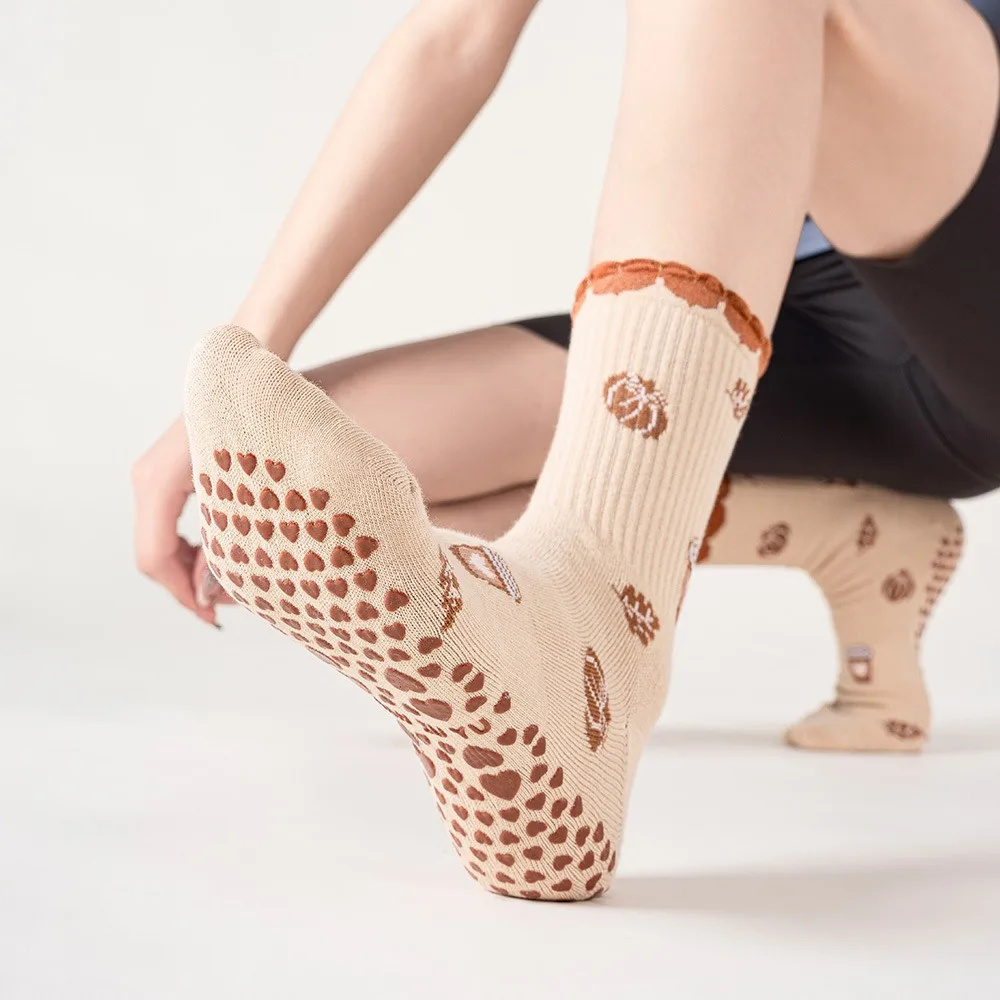 Women's Yoga Socks Mid-Calf Cherry Pattern Professional Anti-Slip Fitness Pilates Floor Socks White