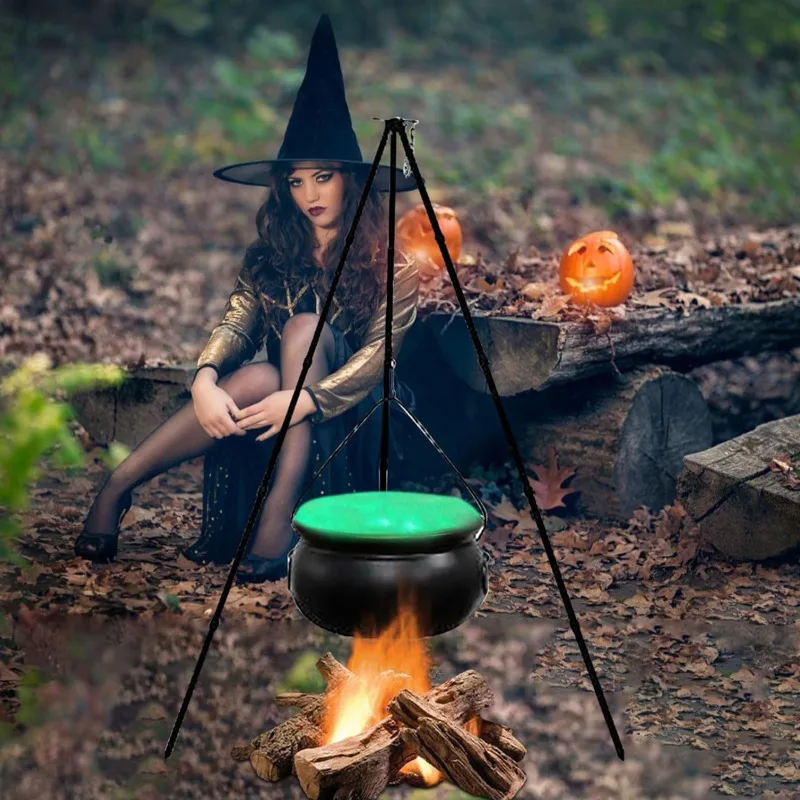 Halloween Witch Pot Light Large Witches Cauldron On Tripod American Tripod Metal Pot With Green Light Christmas Decoration Gifts