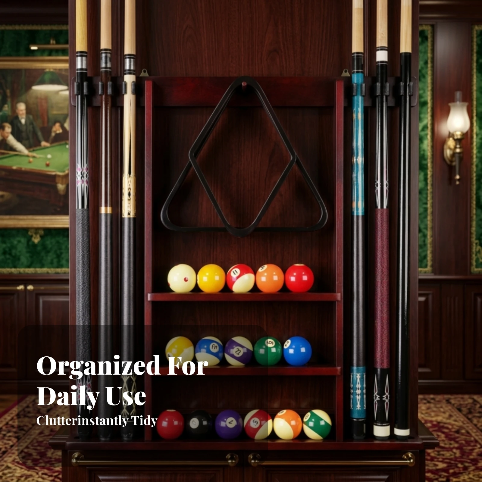 Game Room Storage Triangular Hanger Rectangular Frame Wall Mounted Cue Rack Pool Cue and Ball Rack