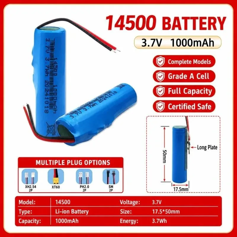 3pcs 14500 Lithium Battery with Cable Protection Plate 500 600 800 1000mAh 3.7V Cylindrical Rechargeable Battery
