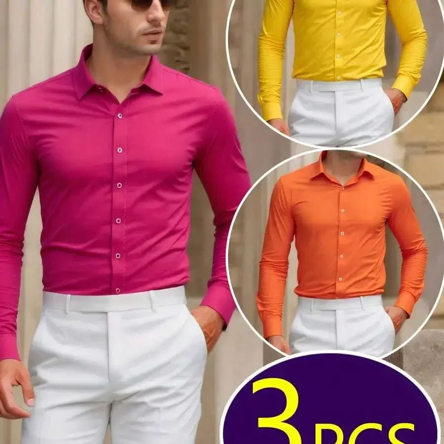 

3 Pcs Mens Long Sleeve Dress Shirts Black Slim Fit Button Up Solid Color Casual Business All Season