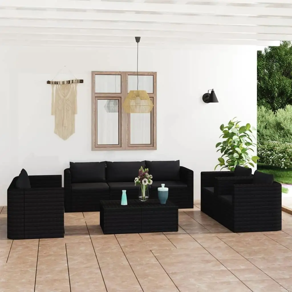 

9-Piece Black Poly Rattan Patio Lounge Set with Cushions for Outdoor Relaxation