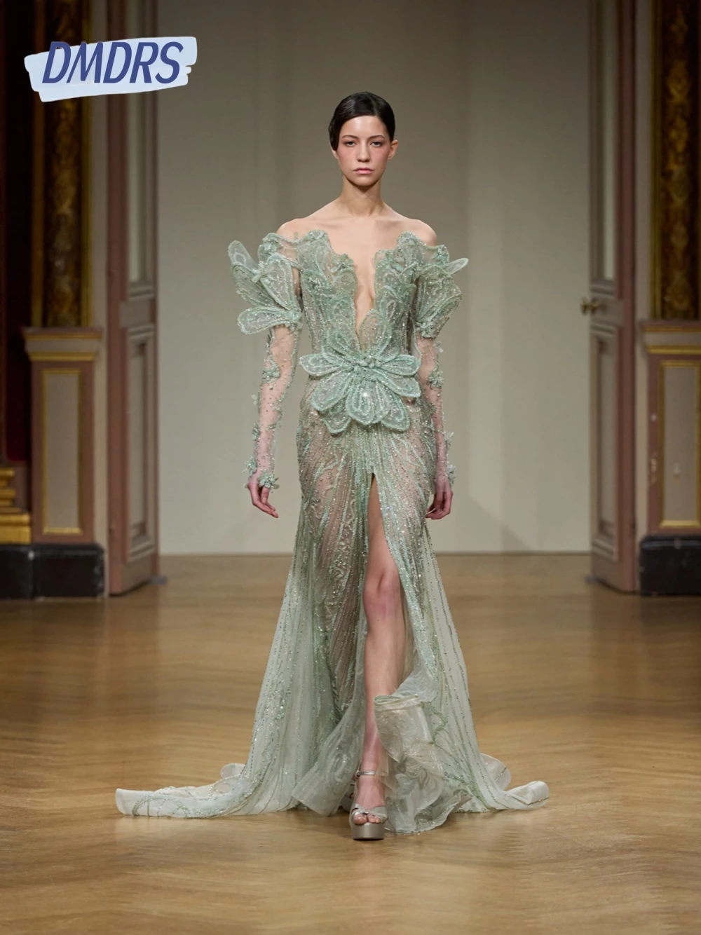 

Chic 3D Flowers Shiny Evening Dress Luxurious Off Shoulder Special Occasions Women Customized Sexy Front Slit Prom Gown