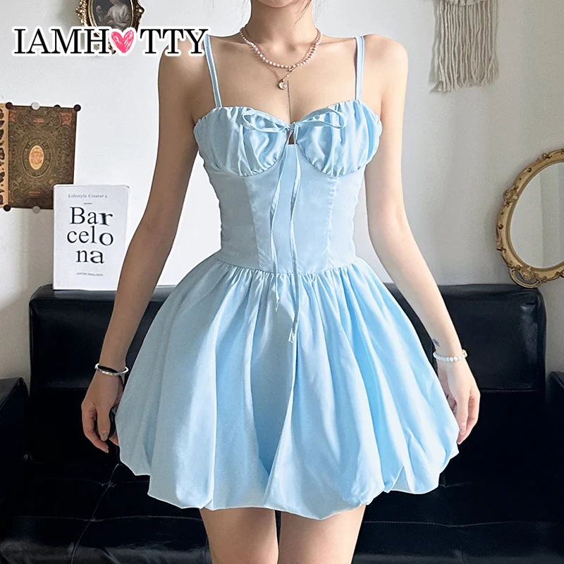 IAMHOTTY Princess Ball-gown Mini Dress Women Baby Blue Color Sleeveless Pleated Dress Korean Style Sweet Chic Elegant Robe Y2K