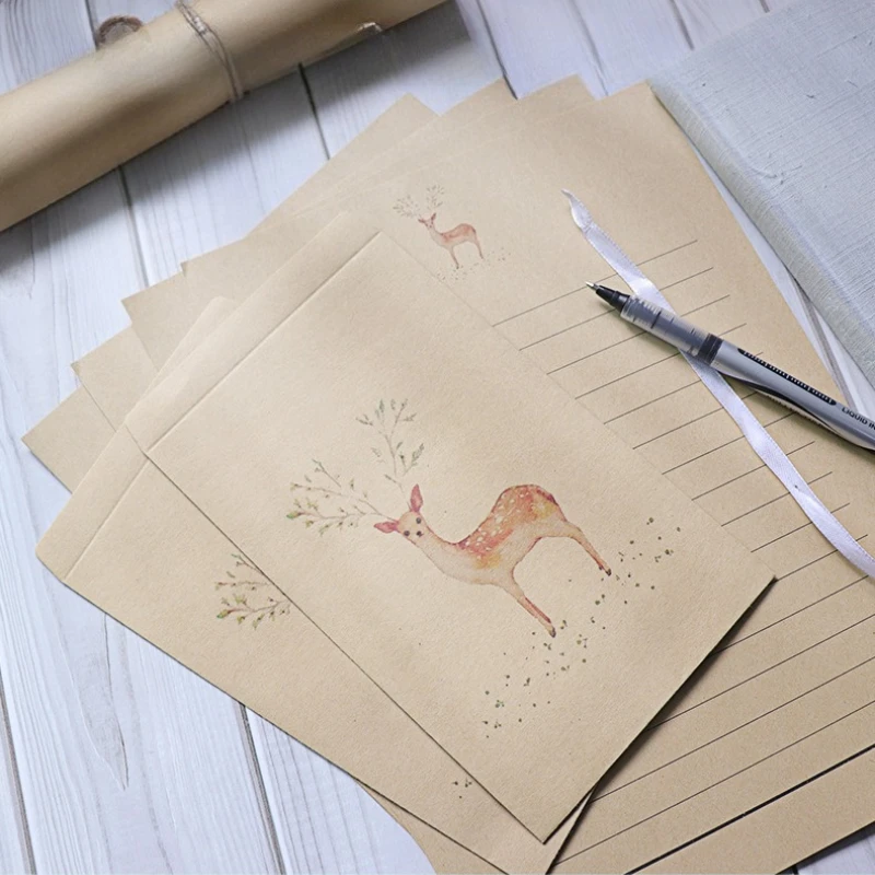 10pcs 귀여운 숲 사슴 봉투 종이 엽서 인사말 카드 레트로 미니멀리스트 편지지 학교 용품 파티 선물 봉투