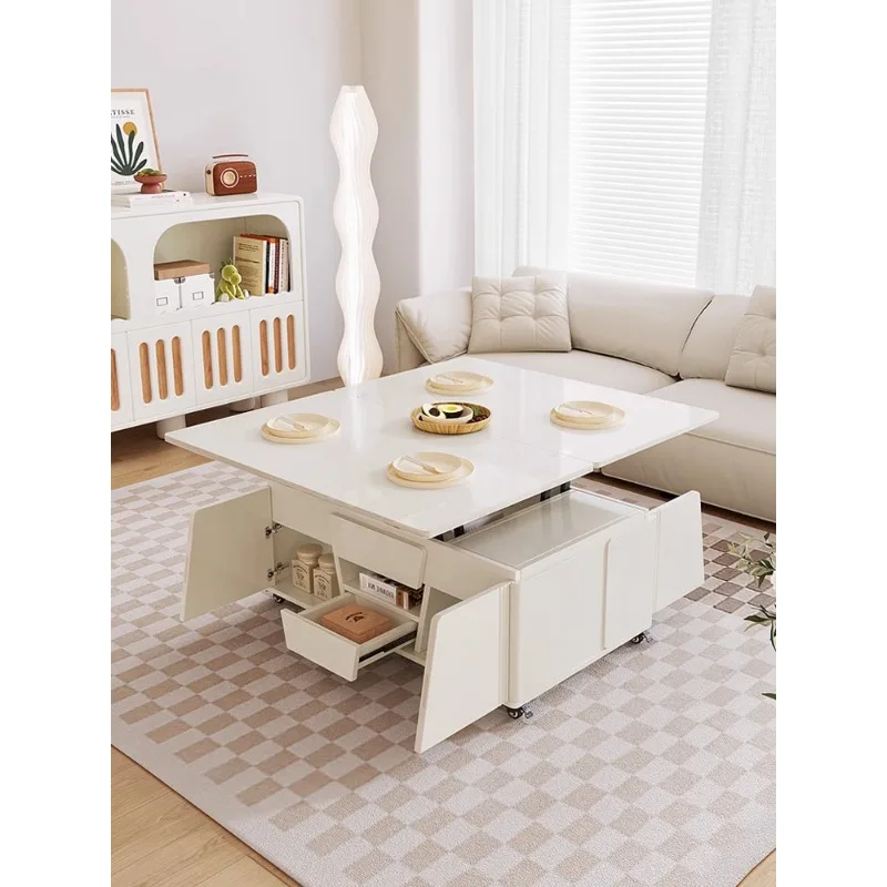 

Cream style lifting coffee table transformed into dining table and desk, versatile foldable and extendable small unit