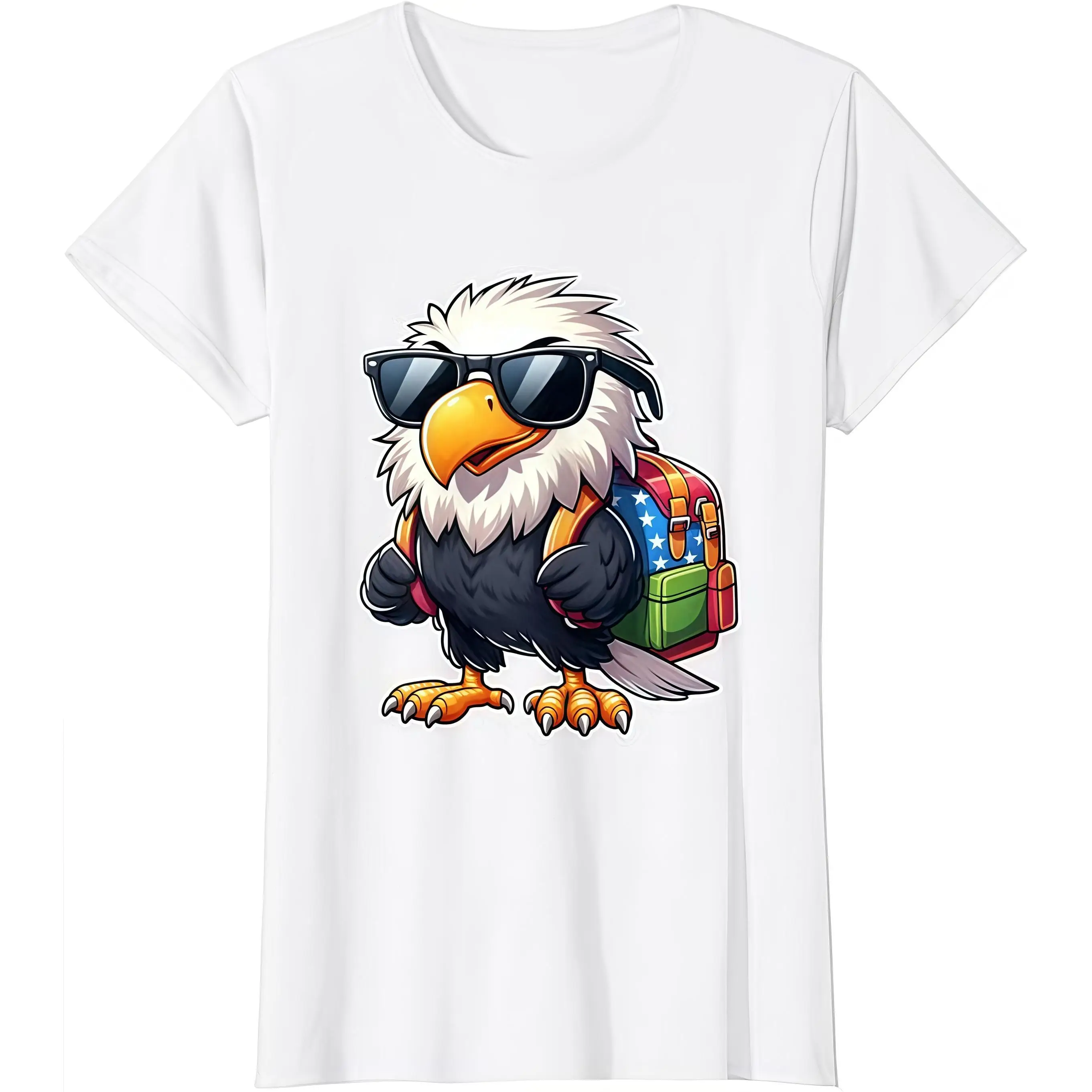 

"Cool Eagle T-Shirt. Women Men Back To School Graphic Tee. Patriotic Mascot Print Top. Student Teacher Gift. USA Flag Backpack."