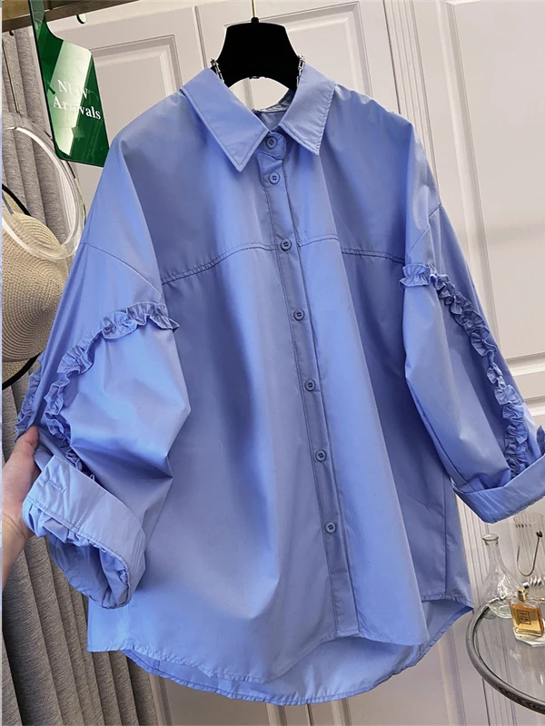 

Elegant Wood Grain Ruffle Patchwork Long Sleeve Casual Shirt Loose Fit Turn-down Collar Top for Women Spring Autumn New Style