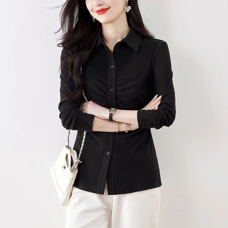 Camicia dimagrante a maniche lunghe con colletto rovesciato stile francese Top Camicette casual alla moda con pieghe chic primavera autunno da donna