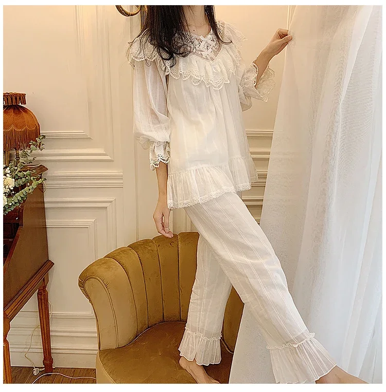 Women\'s Lolita Princess V neck Pajama Sets.Ruffle Lace Tops+Long Pants.Vintage Ladies Girl\'s Pyjamas Set.Sleepwear Loungewear