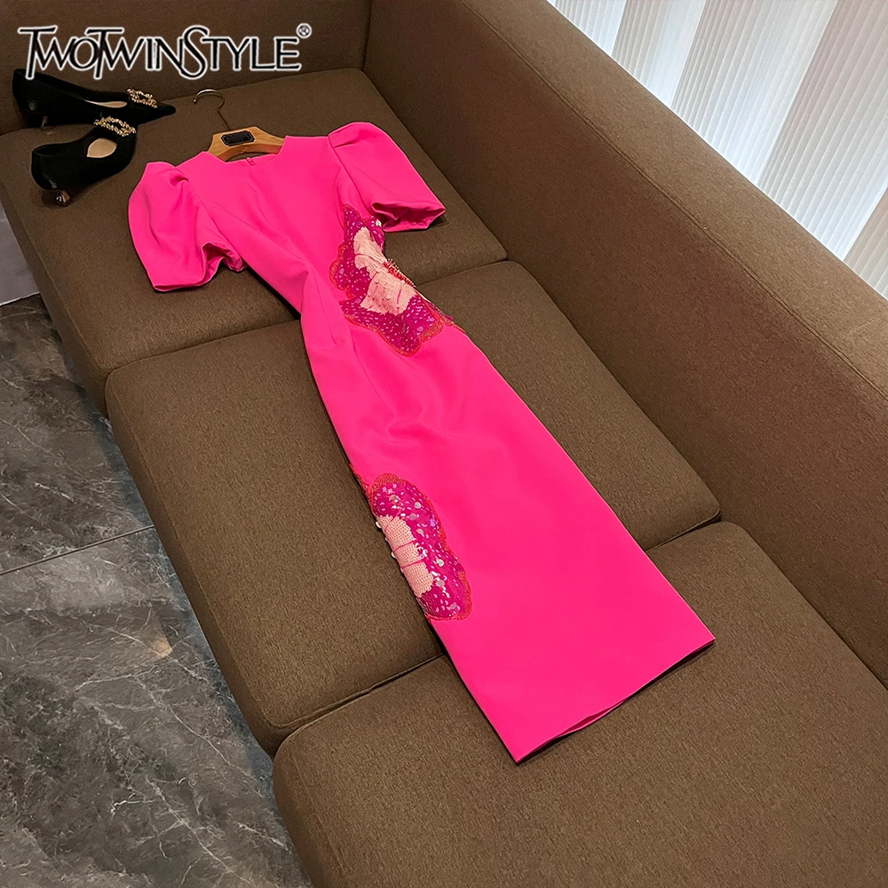 TWOTWINSTYLE Solid Designer Slim Dresses For Women Round Neck Short Sleeve High Waist Spliced Folds Chic Dress Female KDR545698