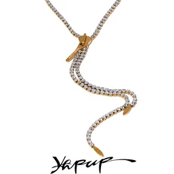 Yhpup Luxury Shiny Cubic Zirconia Stainless Steel Zip Sweater Chain Long Necklace Fashion Gold Color Premium Jewelry High-Grade