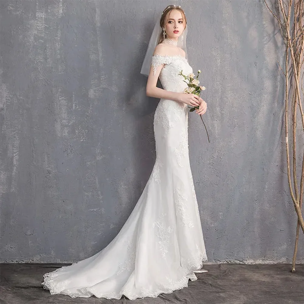 Customzied Elegant Off The Shoulder Wedding Dresses with Floral Print Bridal Veil Mermaid Sweep Train Hem Lace Bridal Gowns